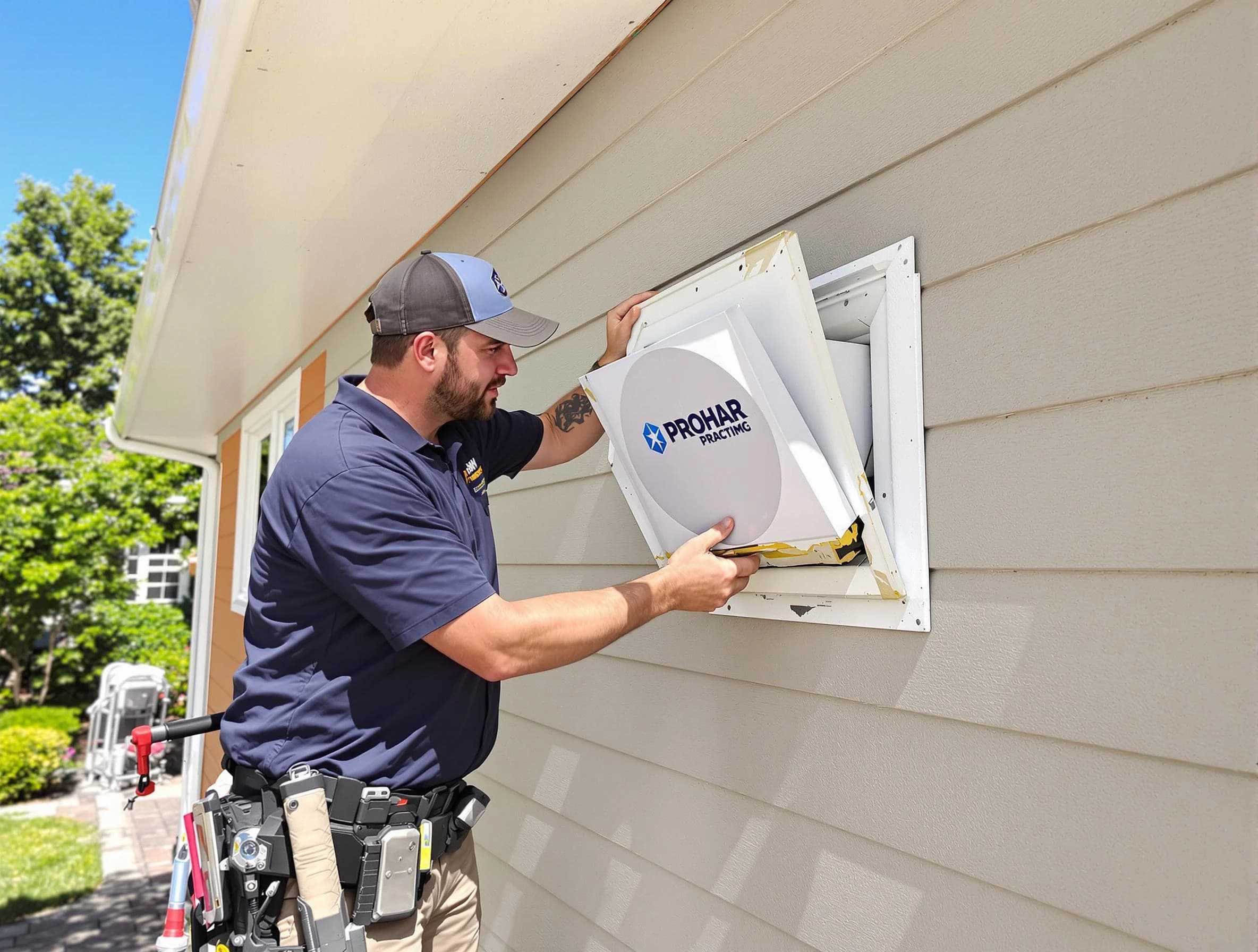 Dakota Ridge Dryer Vent Cleaning technician installing a new protective dryer vent cover on a home in Dakota Ridge